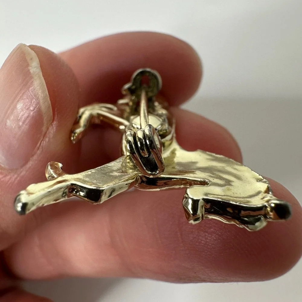 Gold Tone Galloping‎ Horse Brooch Red White Enamel Accents Animal Pin Costume
